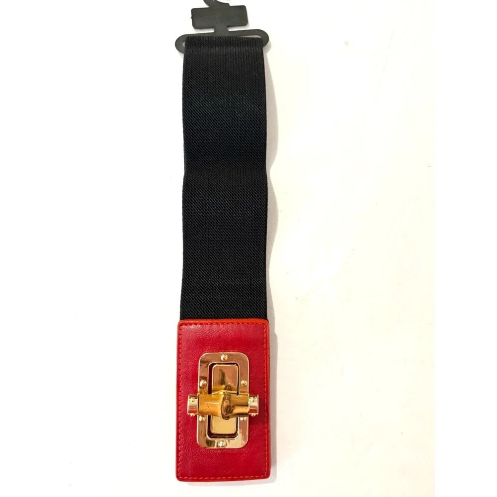 NEW Faux Leather Red Buckle Elastic Waist Belt 26”-32”